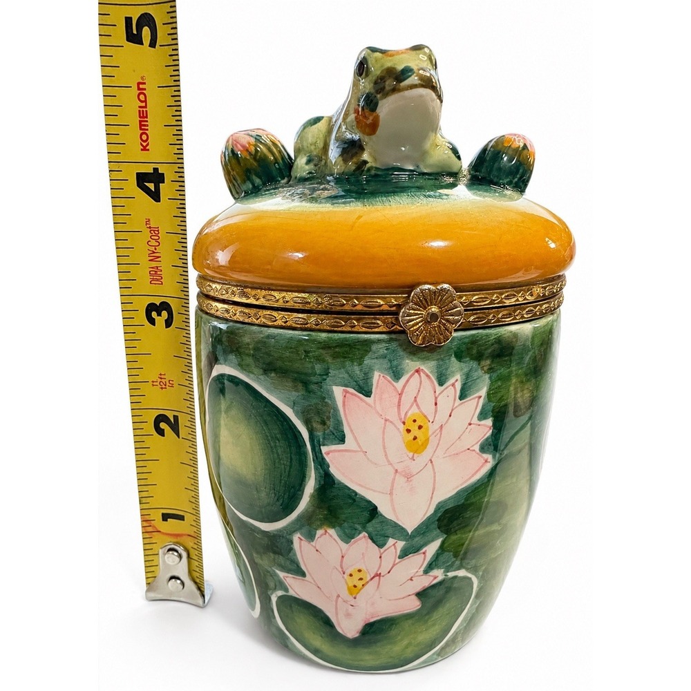 Hand Painted Frog Lotus Ceramic Trinket Box Hinged Lidded Jar Jewelry Box
